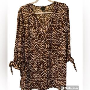 Worthington Animal Print Tunic Top V-Neck Size XL Ties at Sleeves